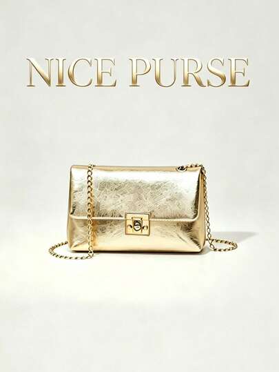 1 pieza Bolso bandolera cuadrado mini con cadena dorada de PU, con hebilla de cierre, bolso de fiesta elegante para mujer y niña, bolso clásico y de moda, llamativo y de , para uso diario y urbano, guarda los pequeños esenciales diarios, cabe teléfono, efectivo, llaves, esencial para fiestas y vacaciones.