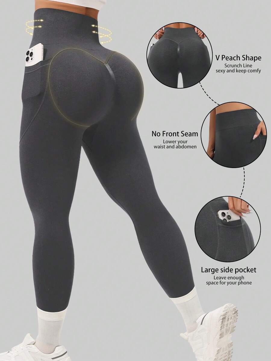 1 chiếc quần legging yoga màu đào không đường may, có túi bên hông, thích hợp cho mùa xuân, hè, thu và đông. - Xám - Xem 1