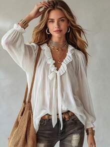 Áo kiểu nữ tay dài cổ chữ V bèo nhún thắt nơ bằng vải chiffon, dáng rộng thoải mái, vạt áo thông thường, màu trắng. - trắng - Xem 2