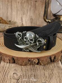 1PC Men's Vintage Western PU Leather Belt, Retro Skull & Swords Buckle Belt, Gothic Style Cowboy Waist Belt For Jeans - A - View 4