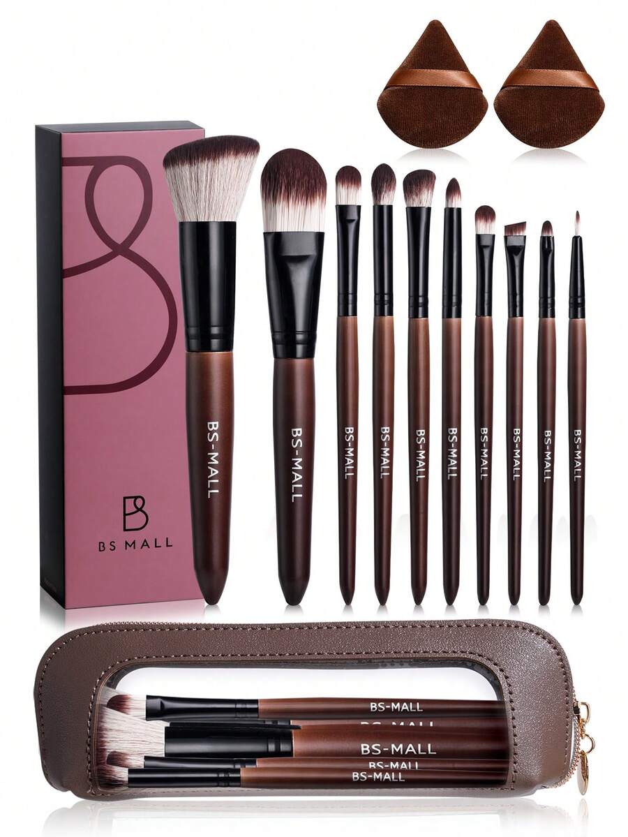 BS-MALL 13件套高品质化妆刷套装，带刷架，包含粉底刷、眼影刷、腮红刷、高光刷、细节刷、三角海绵——送给女性/女友的绝佳礼物 - 紅木色 - 查看 1