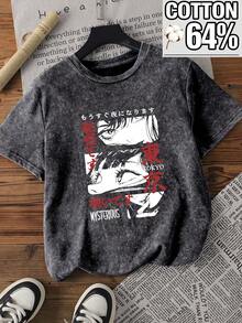 Women's Regular Cotton Snow-Wash Crew Neck Short-Sleeve T-Shirt, Stylish And Minimalist With Popular Anime Character Print, Suitable For Ladies' Commuting Wear In Spring, Summer And Autumn. Casual - Black - View 2