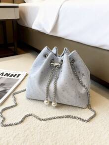 1个尼龙纯色抽绳链条水桶包，星月图案斜挎单肩包，时尚珍珠装饰，女士款 - 淺藍色 - 查看 5