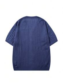 Men's Casual Loose Solid Color Twist Rope Textured V-Neck Button-Up Short Sleeve Knit Cardigan Sweater, Navy Blue, Spring/Summer - Navy Blue - View 4