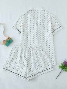 2pcs/Set Women's Mini Polka Dot Printed Pajama Set With Contrast Trim Button-Down Shirt And Bow Tie Shorts, Perfect For Home Wear In Summer White Set,Two Pieces Set - 白色 - 查看 2