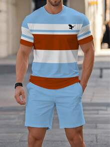 Men's Summer Casual Sports Set, Breathable 3D Print Colorblock Striped Pattern Round Neck T-Shirt And Shorts, Knit Fabric With Slight Stretch, Regular Fit, Outdoor Leisure Wear - Multicolor - View 4