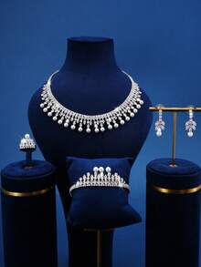 Bộ trang sức cao cấp 3 món/5 món bằng ngọc trai giả và đá Cubic Zirconia bao gồm bông tai, dây chuyền, vòng tay, nhẫn, thích hợp cho phụ nữ dự tiệc cưới, sinh nhật, lễ hội. - trắng - Xem 2