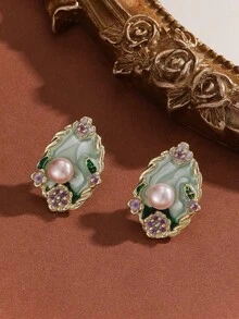 1 Pair Luxury Oval Teardrop Pearl Flower Earrings For Women, Unique High-End Design - 綠色 - 查看 1