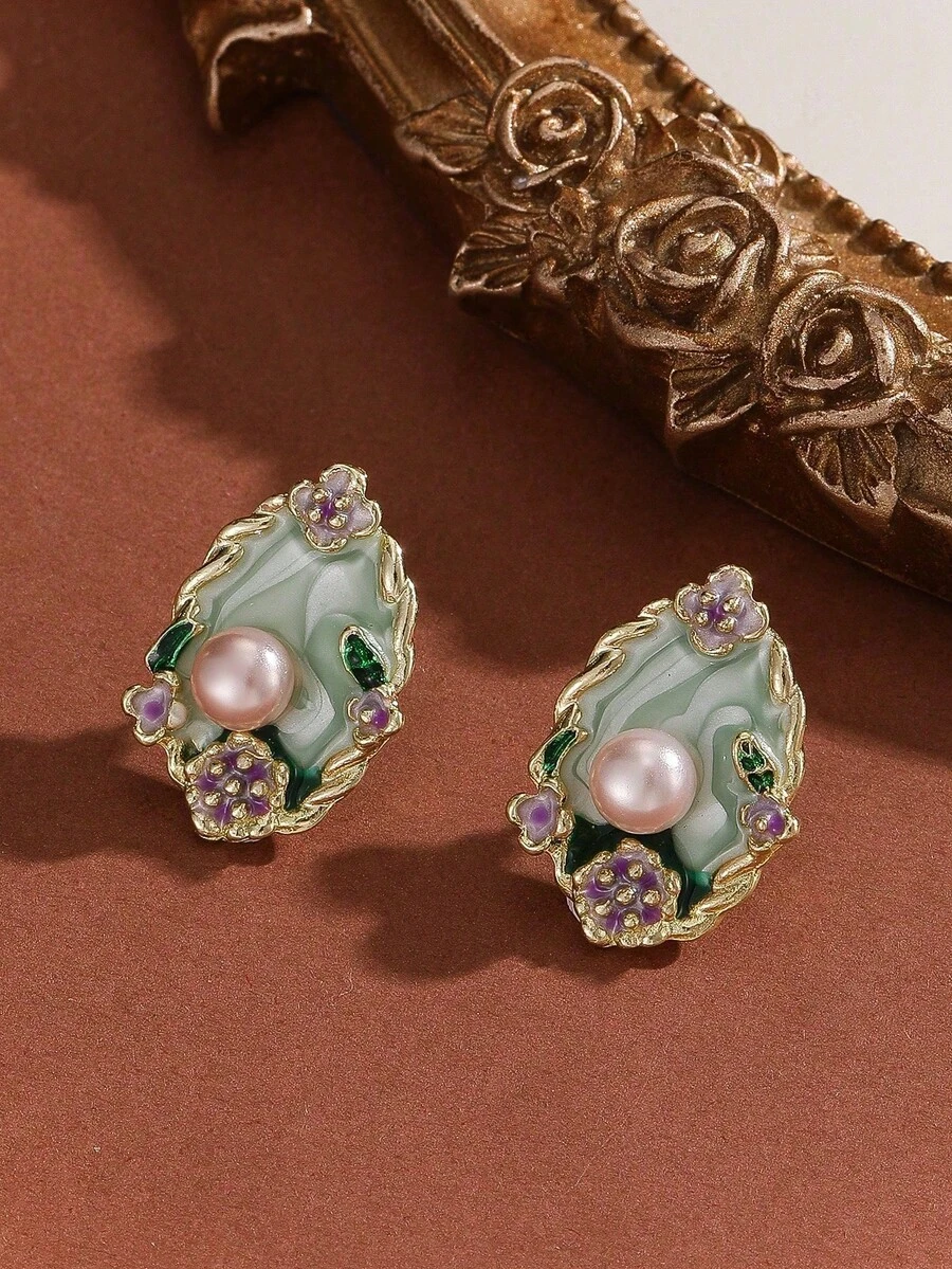 1 Pair Luxury Oval Teardrop Pearl Flower Earrings For Women, Unique High-End Design - 綠色 - 查看 1