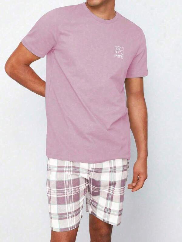 Set de 2 piezas de ropa informal de verano: Top de cuello redondo ligero y pantalones cortos con estampado a cuadros. Conjunto de ropa de estar en casa con estilo casual