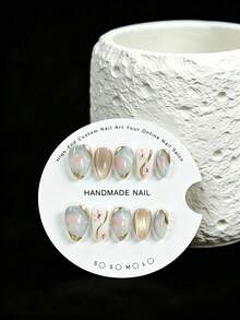 10pcs Handmade Almond-Shaped Gradient Milky Blue Translucent Nail Stickers With Gold Frame And Arc Decor, Elegant And Beautiful, Suitable For Women And Girls, Perfect For Parties, Weddings And Daily Wear, Comes With Tool Kit - Multicolor - View 2