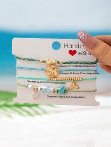 4pcs/Set Summer Bohemian Style Handmade Woven Rope Bracelet Set, Includes Sand Dollar, Shell, Star Pendant, Ocean Theme Layered Bracelets, Gift For Women - Multicolor - View 3