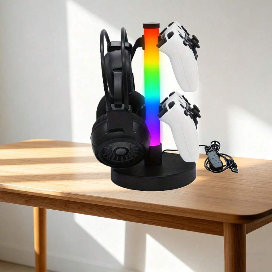 Đế để bàn tai nghe/tay cầm chơi game, đèn RGB, chức năng micro và đèn nền, cấp nguồn qua cổng USB - Phù hợp với mọi phụ kiện chơi game, quà tặng lý tưởng, vật dụng sắp xếp để bàn và thiết bị chơi game. Thiết kế thời trang cho thiết bị chơi game hiện đại, đế bền bỉ, bao gồm giá đỡ tay cầm, quà tặng cho game thủ và người đam mê công nghệ.