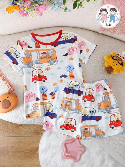 2pcs/Set Boys' Casual Cartoon Car Print Round Neck Short Sleeve Top And Shorts Children Pajama Set, Flame Retardant, Suitable For All Seasons