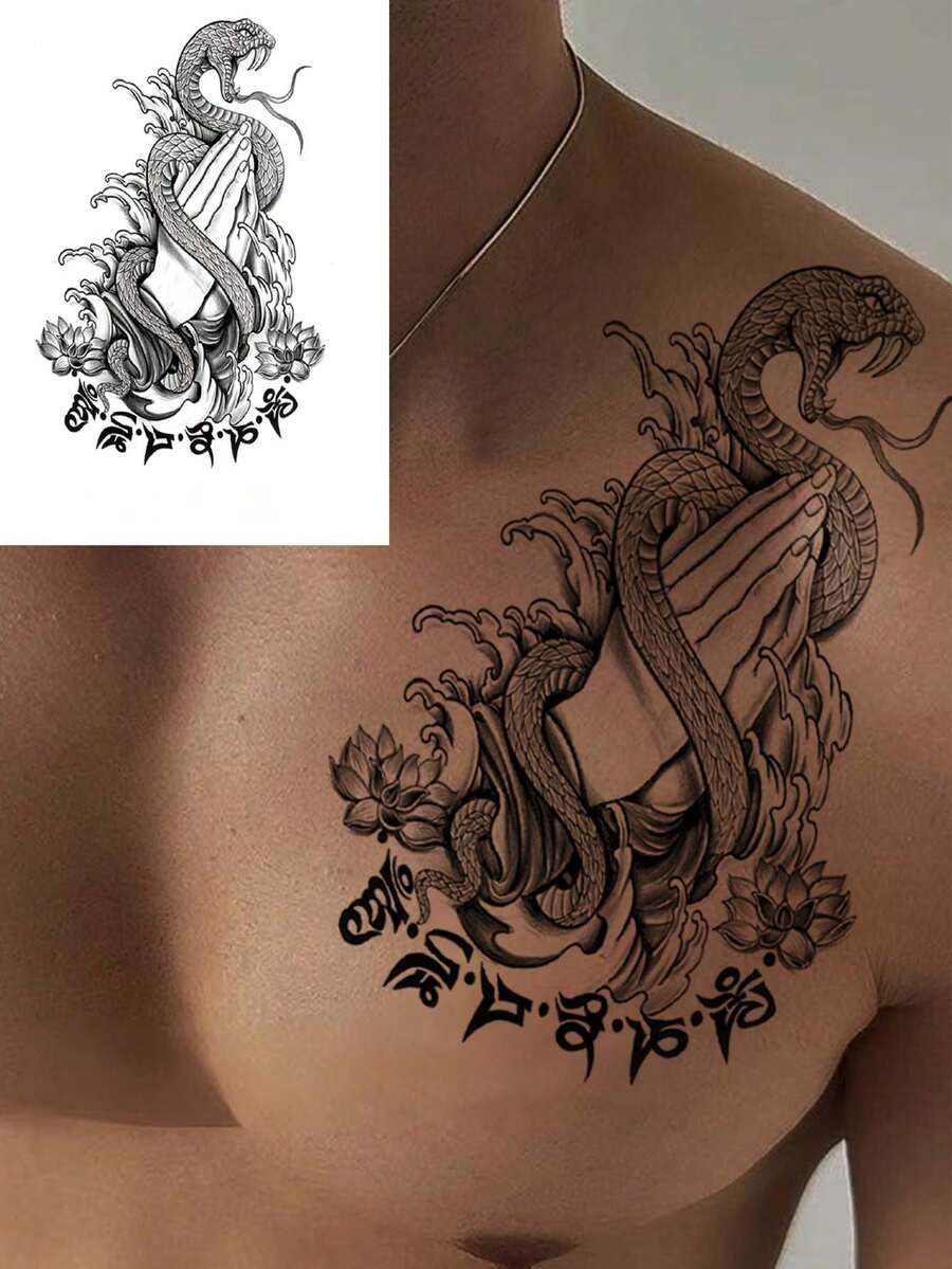 1pc Fierce Snake Roaring Temporary Tattoo, Waterproof, Non-Reflective, Realistic & Fashionable Body Art Tattoo, Easy To Apply And Remove - Black - View 1