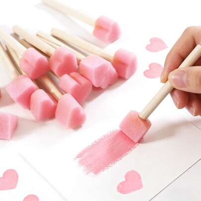 opeth 12pcs Pink Heart Shaped Sponge With Wooden Handle, DIY Painting Sponge Stamps, Stone Painting Sponge