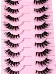 10 pares de pestañas postizas transparentes de media tira, suaves y de efecto 3D de mink falso con diseño de ojo de gato (MG50) - Negro - Ver 3
