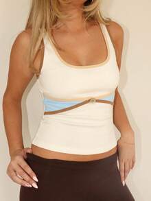 Women's Y2K Contrast Color Tank Top U Neck Sleeveless Button Front Slim Fit Vest Crop Tops Summer  Casual Caimisole Shirt Going Out Tee Top Daily Streetwear - 白色 - 查看 7