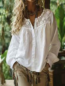White Floral Lace Embellished V-Neck Blouse, Long Sleeve Casual Top For Everyday Use - White - View 1