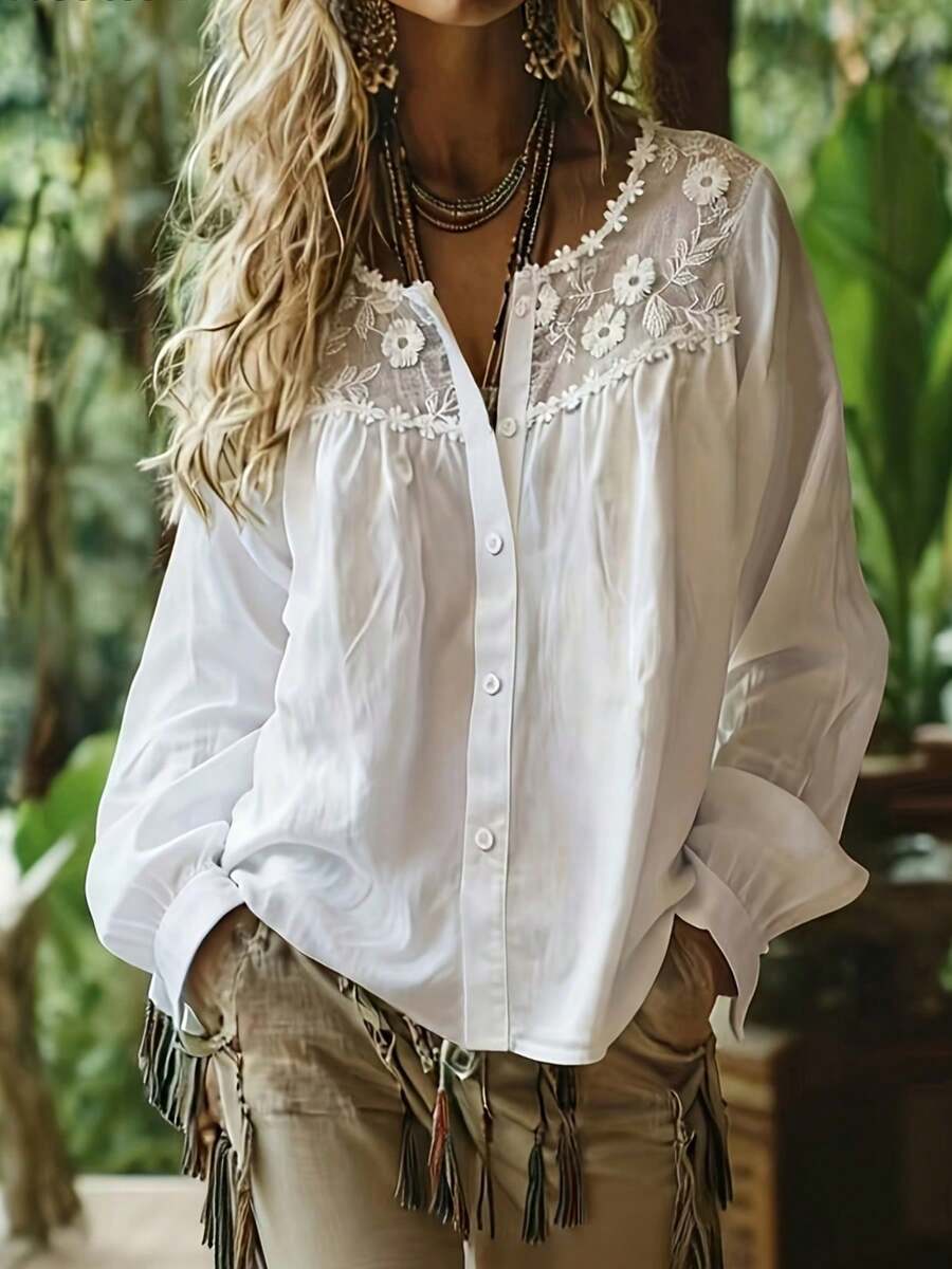 White Floral Lace Embellished V-Neck Blouse, Long Sleeve Casual Top For Everyday Use - White - View 1