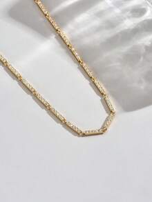 1 pieza Collar rectangular de mujer de acero inoxidable con cristales blancos, joyería de moda chapada en oro de 18K - Dorado - Ver 4