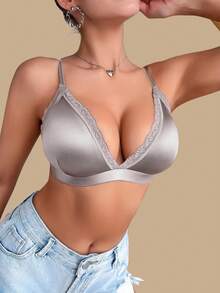 1pc Solid Color V-Shape Comfortable Wireless French Lace Bikini Bralette For Women - Dusty Purple - View 7