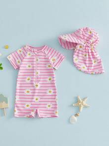 Traje de baño infantil para bebé niña con protección solar, estampado de fresas, flores, peces y estrellas de mar, manga corta, incluye gorro para el sol. - Rosa brillante - Ver 2