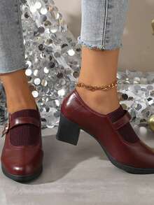2026 New Spring/Autumn High Heel Thick Heel Professional Soft Leather Comfortable Versatile Mother Shoes - Burgundy - View 6