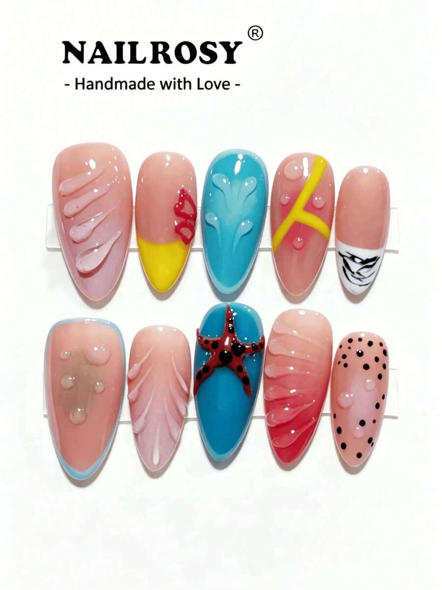 nailrosy 3D勃艮第酒红色花朵美甲贴/10片装 手工制作 杏仁形 优雅美甲凝胶 3D花卉美甲贴 适合节日、假期、生日 可重复使用 奢华美甲贴 - 彩色 - 查看 1