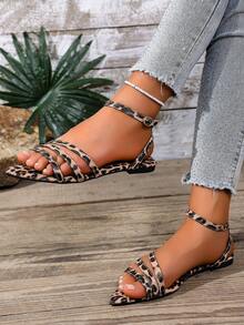 New Summer Pointed Toe Multi-Strap Buckle Ankle Strap Design Sandals, French Elegant Style For Daily, Commute, Date, Red, Burgundy, Black, Gold - Brown Leopard Print - View 3