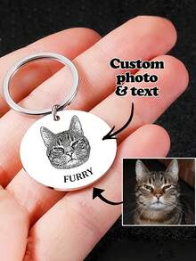 1pc Customized Pet Photo Keychain, Stainless Steel Material Can Customize Dog/Cat Portrait Photo And Pet ID, Personalized Keychain, Customized Pet Name Keychain, Gift For Pet Lovers - Multicolor - View 2