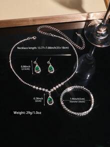 4pcs Bridal Jewelry Set Including (1 Necklace + 1 Pair Earrings + 1 Bracelet), Decorated With Rhinestones And Teardrop Pendants, Exuding Elegant And Refined Vibe - Suitable For Daily Wear, Weddings, Parties And Other Occasions. - Green - View 7