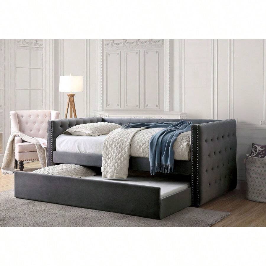 Cama nido de estilo transicional con acabado gris, con ribete de tachuelas, tapizado acolchado con botones capitoneados, diseño de esmoquin, incluye kit de listones - Gris + Franela + Madera + Transicional1 - Ver 1