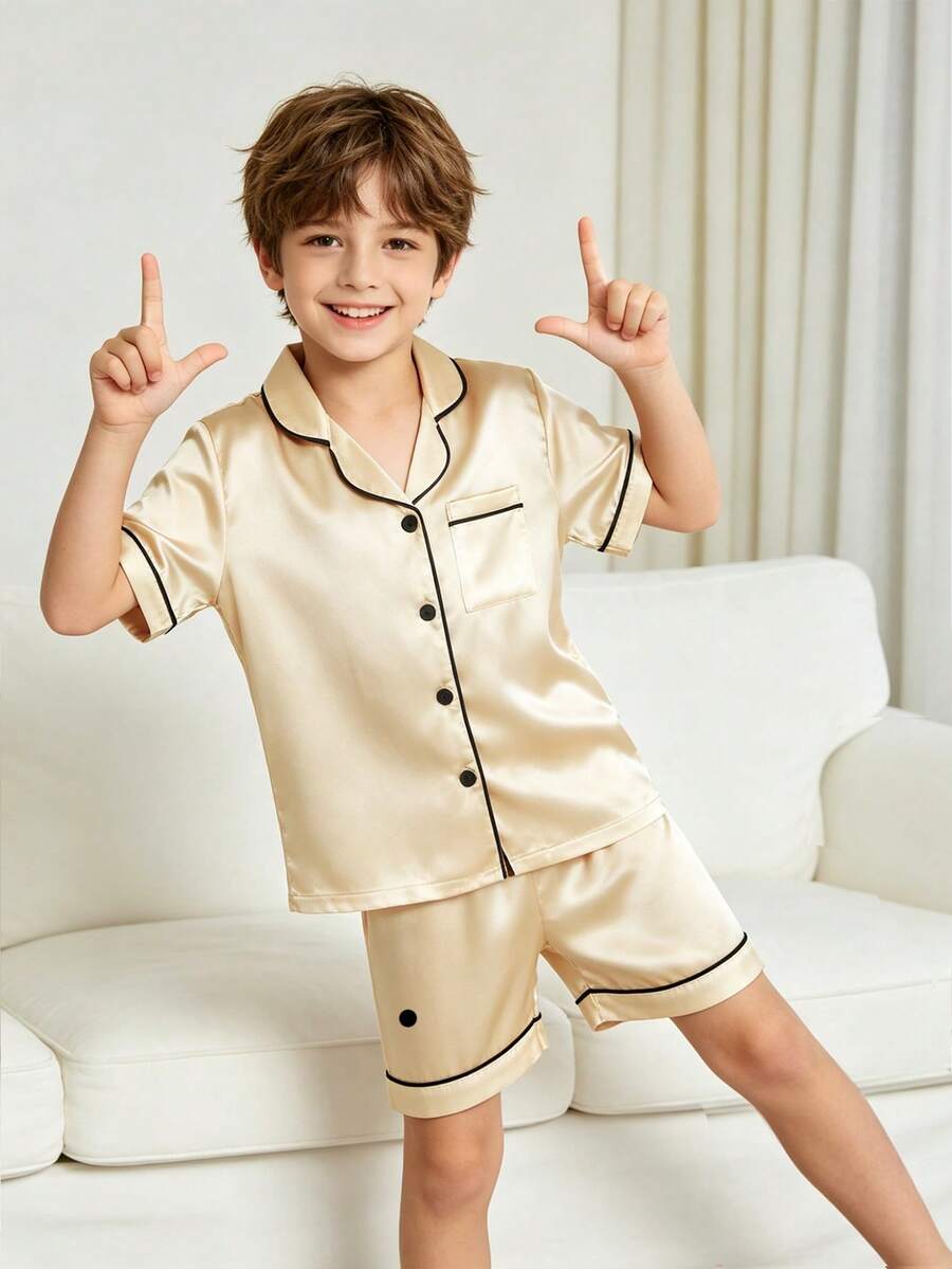 Tween Boy Champagne Gold Lapel Neck Short Sleeve Single-Breasted Top And Shorts 2-Piece Casual Pajama Set