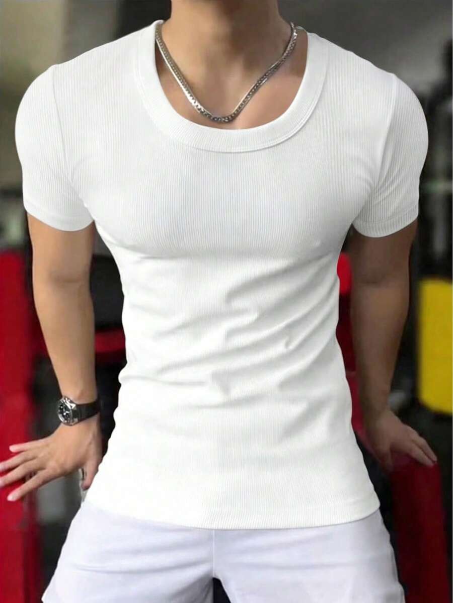 Herren Lässig einfarbiges Slim Fit T-Shirt mit Kurzarm, minimalistisch vielseitig für den täglichen Gebrauch - Weiss - Übersicht 1