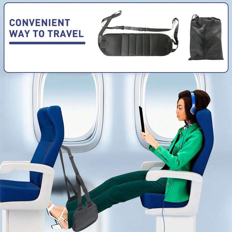 1件最新款飞机脚踏板，航空公司专用脚踏板，带可拆卸垫和可调节绑带，记忆海绵旅行脚吊床 - 黑色 - 查看 1