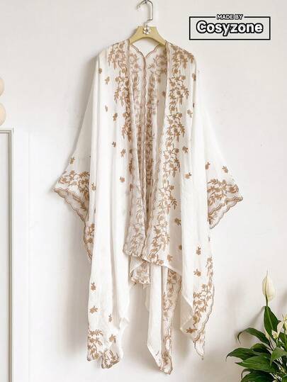 1pc Elegant Floral Embroidered Bohemian Style Kimono/Sarong, Women's Spring/Summer Beach Cover-Up, Lightweight Shawl, Versatile Fashion Accessory, Luxury Gift