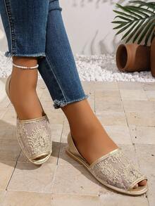 planare Giày sandal đế bằng hở mũi phối lưới thời trang mùa hè mới dành cho nữ, màu vàng ánh kim, thích hợp cho hẹn hò, đi làm, nghỉ mát và du lịch. - Vàng - Xem 6