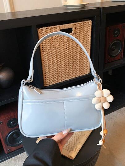 2026 New Light Blue Embossed Baguette Bag With Beaded Charm, Women's Crossbody Shoulder Bag