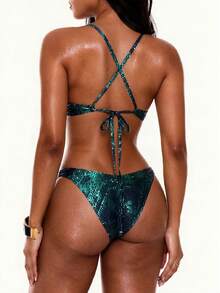 Bộ bikini nữ thanh lịch, thời trang, gợi cảm họa tiết chấm bi phản quang, thắt eo rỗng, thích hợp cho kỳ nghỉ hè, đi biển. - màu xanh lá - Xem 2