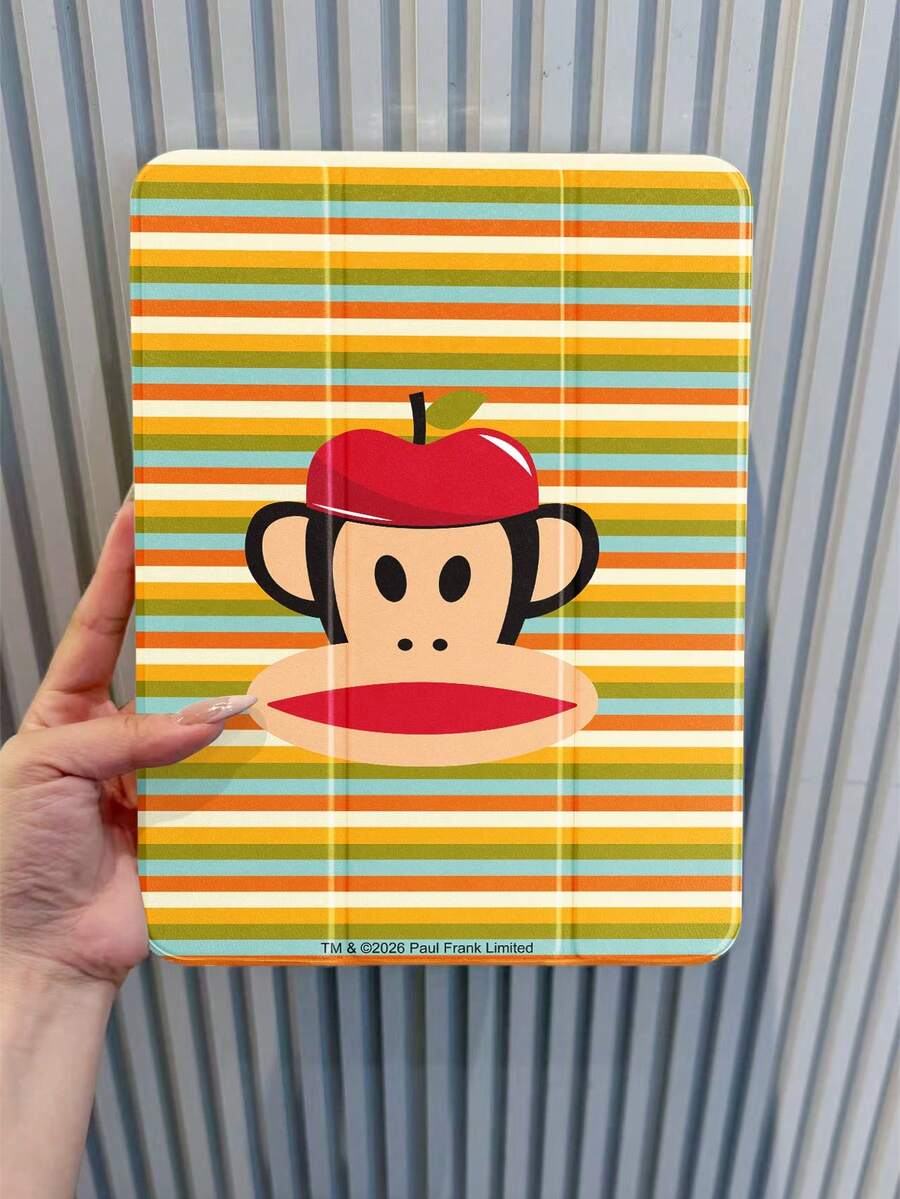 Paul Frank 彩色条纹时尚猴子印花平板电脑保护套，兼容 iPad 10.2 英寸、iPad Pro 11 英寸（2021/2020/2022）、iPad Air，带支架，三折设计，软边保护，防摔防刮，简约/休闲/商务/经典风格，不含触控笔 - 彩色 - 查看 1