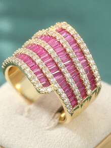 Phụ kiện sang trọng, cá nhân hóa - Nhẫn bản rộng đính đá Cubic Zirconia tổng hợp màu đỏ và trắng, mang phong cách thiết kế Châu Âu và Mỹ. - Vàng - Xem 8