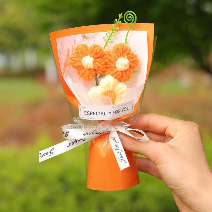 Bó hoa giả mini đan móc mới, hoa vĩnh cửu, món quà nhỏ dành cho Ngày Phụ nữ, sinh nhật, quà lưu niệm. - Bó hoa cam - Xem 1