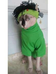 Devon Rex Cat Turtleneck Ribbed Sweater, Hairless Cat Short Sleeve Elastic Soft Breathable Pet T-Shirt, Machine Washable, Anti-Shedding, Smooth And Refreshing - Green - View 7