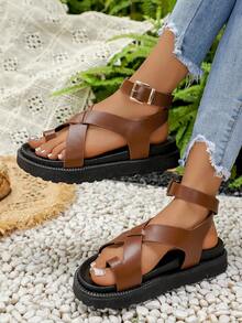 PU Buckle Decor Insole Thick Sole Fashion Women Sandals, Ankle Strap Beach Slippers - Brown - View 3