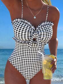 Nuevo traje de baño de una pieza elegante y sexy con rayas, encaje, volantes, lazo en el busto y tirantes desmontables para playa, fiesta en la piscina, vacaciones de verano - Blanco y Negro - Ver 3