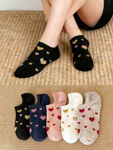 1/5 Paar Damen süße Herzmuster Socken, weiße Knöchelsocken, lässige flache Bootsocken, bequem und atmungsaktiv, vielseitig für Alltag und Sport geeignet, passend für alle Jahreszeiten - Verschiedenfarbig - Übersicht 2