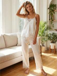 Women's 2 Piece Lounge Set Sleeveless Spaghetti Strap Lace Trim Tops Pants Sleepwear Soft Breathable Pajama Set Cute Summer Nightwear - 象牙白 - 查看 1