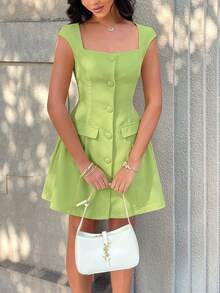 女士优雅迷你连衣裙 - 方领泡泡袖前开襟纽扣无袖连衣裙，适合工作通勤、日常穿着和约会，优雅女士连衣裙，休闲女士连衣裙，女士春夏连衣裙 - 果綠色 - 查看 3