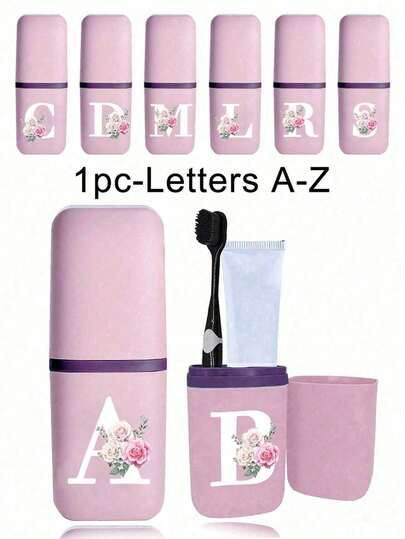 Rose White Letter A-Z Pink Portable Toothbrush Box, Travel Toothbrush Holder, Portable Toothbrush Cup Cover, Multifunctional Toothbrush Case & Travel Grooming Cup, Toothbrush And Toiletry Storage Set, Suitable For Travel, Camping, Business Trip, Back To School, Home Use, Ideal For Women, Girls, Students, Business Travelers, Great Mother's Day Gift, Father's Day Present, Graduation Gift, Back To School Essential, Lightweight & Compact